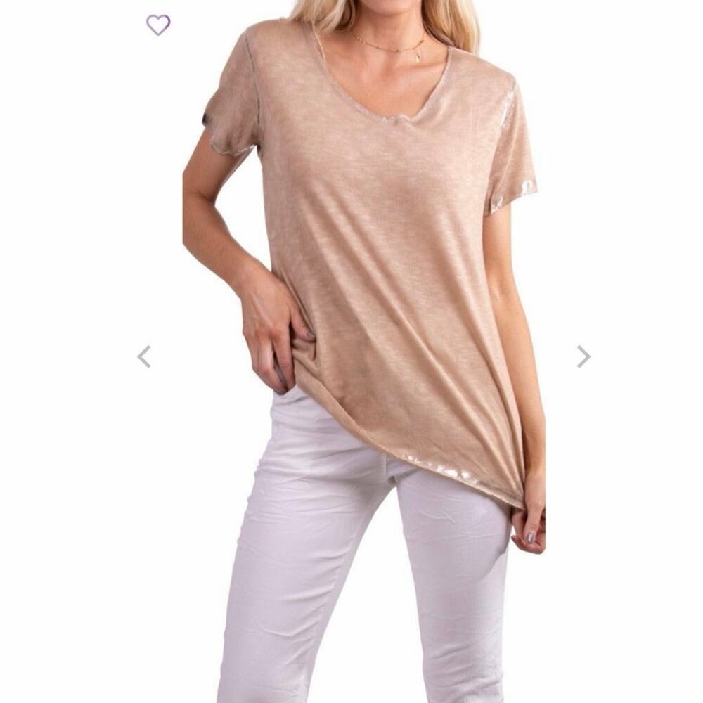 Gigi Moda Lunia Metallic Trim V-Neck Knit Top Beige Made in Italy Size Medium